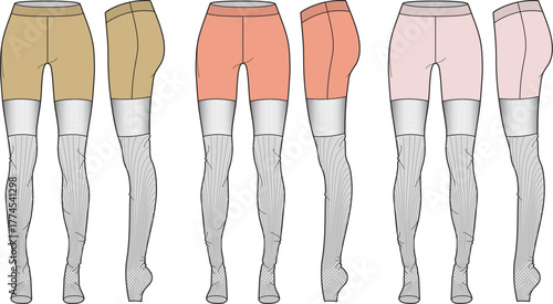 Women's shorts with over-the-knee socks vector fashion illustration. Flat technical sketch in beige, coral, and pink, ideal for apparel design templates and garment development