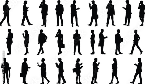 Vector silhouettes of business professionals in office attire, teamwork, communication, leadership, corporate lifestyle, career success, collaboration, management, strategy