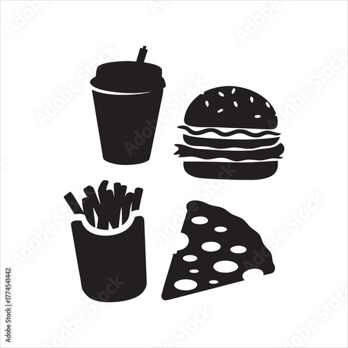 Black and white vector illustration of fast food items including burger fries soda and a slice of swiss cheese.