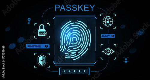Futuristic fingerprint passkey interface showcasing biometric identity authentication and digital verification concept on a glowing dark background. 3D Rendering