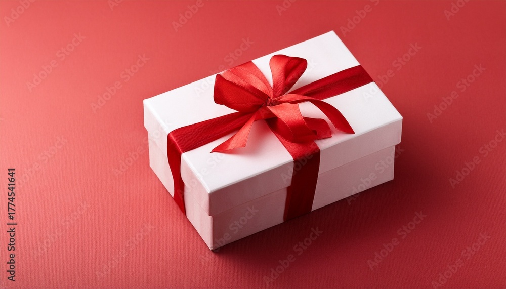 Fototapeta premium beautiful white gift box with red ribbon on light red background