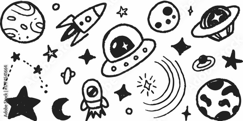 Hand drawn doodle space elements with planets rockets stars and ufos on white background