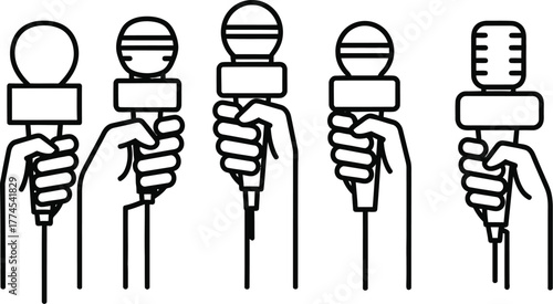 Journalist holding microphones during press conference interview media communication vector illustration icon