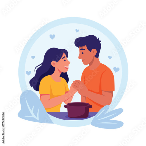 Have a look at this romantic couple cooking together in kitchen, flat illustration