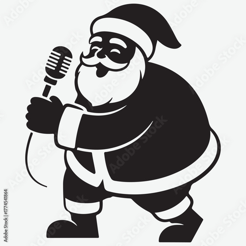 Santa Claus Singing into a Microphone, Black and White Graphic