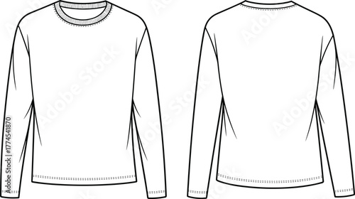 Long sleeve crew neck shirt flat sketch, fashion CAD drawing, technical vector illustration, apparel design template, clothing mockup, garment outline