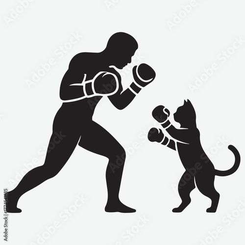 Silhouette of a Boxer and a Cat in Boxing Gloves Facing Off