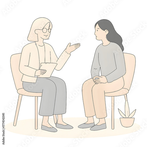 mentor and student sitting on chairs having a discussion, calm and inspiring tone, minimal vector art