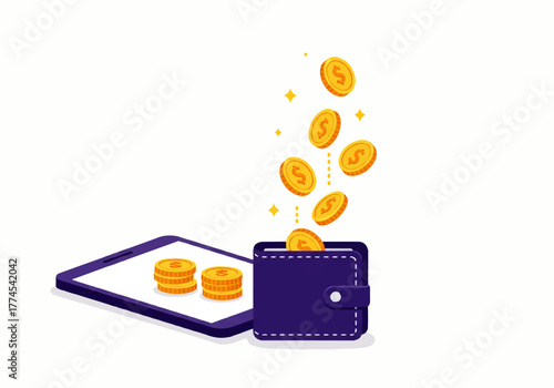 Digital money concept: Coins falling into a wallet next to a tablet displaying stacked coins, illustrating online transactions and financial technology.