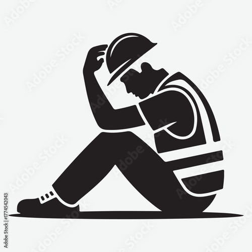 Silhouette of a distressed construction worker sitting with head in hands