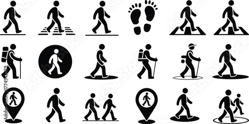 Walking people icons set, pedestrian symbols, hiking silhouettes, footprints, location pin markers, crosswalk signs, lifestyle crowd vector illustration design
