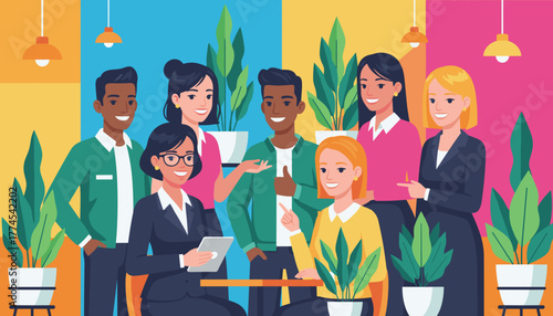 Happy diverse team collaborating in a modern vibrant office setting illustration