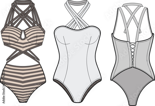One piece swimsuit flat sketch, halter neckline with cutouts, fashion CAD drawing, technical vector illustration, apparel design template, garment outline