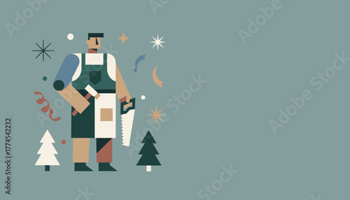 Geometric artisan character in apron holding a saw set against a holiday background