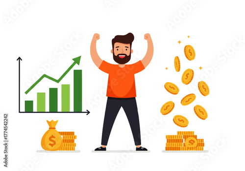 An illustration showing a man celebrating financial success with a rising graph, a money bag, stacked coins, and falling gold coins.