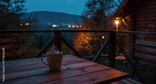 steaming cup of coffee on terrace house overlooking peaceful village evening atmosphere
Seamless looping, virtual video animation background. Generated AI	