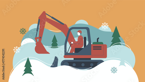 Excavator operator clearing snow drifts in a stylized winter landscape illustration