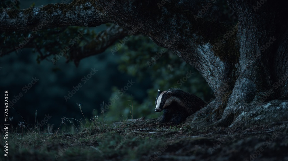 Fototapeta premium Badger underneath tree nighttime