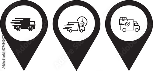 Fast moving shipping delivery truck art vector icon for transportation apps and websites.Set of map pin location icons.