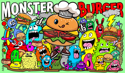 Doodle cartoon illustration of a chef burger