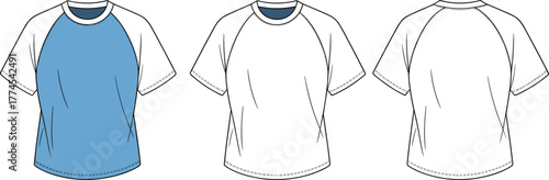 Raglan t shirt flat sketch, short sleeve design, fashion CAD drawing, technical vector illustration, apparel design template, garment outline, clothing mockup