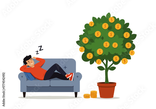 Man sleeping on a couch next to a money tree with gold coin fruits and a stack of coins.