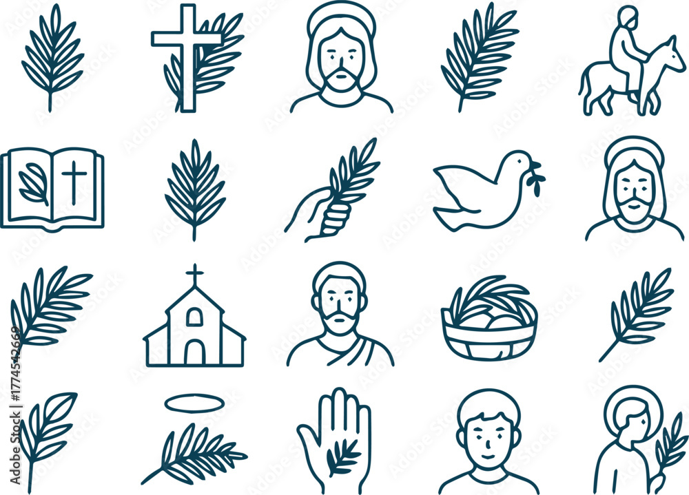 Fototapeta premium Christian symbols isolated on white background representing faith, religion, and spirituality, including jesus, crosses, palms, and other religious imagery