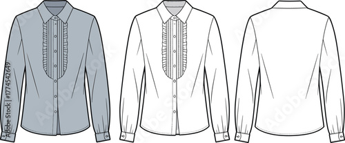 Ruffled bib blouse flat sketch, button down shirt fashion CAD drawing, technical vector illustration, apparel design template, garment outline, 