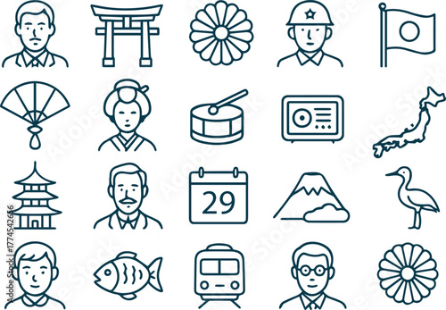 Japanese culture icons isolated on white background depicting traditional symbols, landmarks, and cultural elements representing japans rich heritage and history