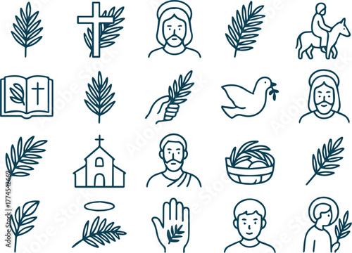Christian symbols isolated on white background representing faith, religion, and spirituality, including jesus, crosses, palms, and other religious imagery