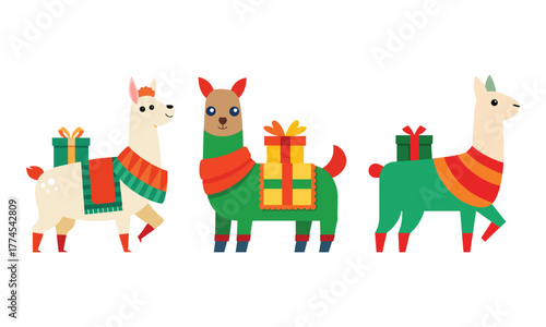 Festive Llamas Carrying Holiday Gifts in Colorful Outfits