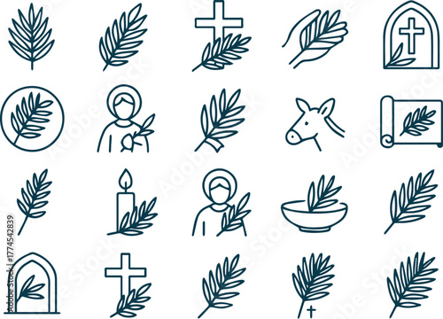 Line art illustration isolated on white background depicting various symbols of palm sunday, including palm branches, crosses, and religious figures