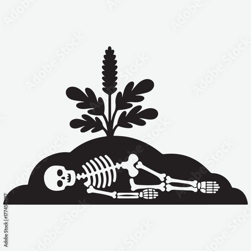 Skeleton buried in the ground with a plant growing above