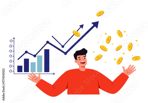 A cheerful man celebrates financial success as gold coins rain down around him, with a rising graph in the background.