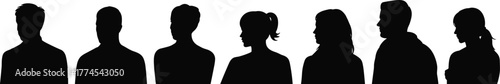 Silhouette of diverse men and women, group people profile, teamwork unity concept, black white background illustration