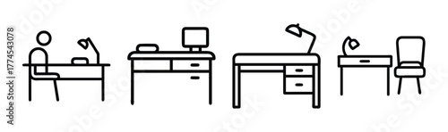Modern vector illustration of a sleek desk with computer and office supplies