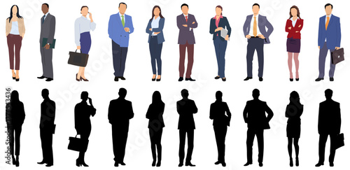 Silhouettes set of standing business people male and female isolated on white background. Crowd, group of business people vector illustration