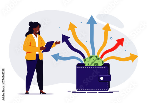 A businesswoman holds a tablet while money flows from a wallet in different directions, represented by colorful arrows.