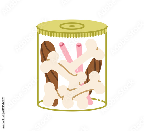 Green Transparent Jar with Pet Treats. The container clearly displaying the tasty snacks inside. Isolated Flat Vector Illustration.