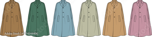 A versatile collection of elegant illustrated capes and coats, presented in a harmonious palette of multiple colors, ideal for fashion design, seasonal wardrobe concepts, and diverse apparel graphics