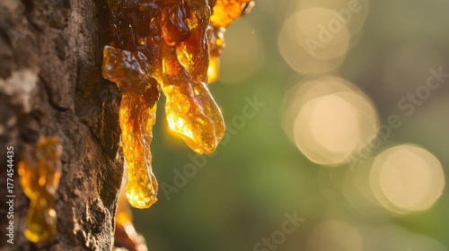 boswellia. Golden resin droplets forming on tree bark in warm sunlight. gardening catalogs, home-decor guides, designed for gardening and botanical catalogs, enhances decor appeal.