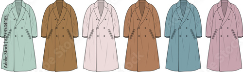 Collection of fashionable long trench coats for women presented in various stylish colors, ideal for apparel design, fashion illustrations, and seasonal outerwear concepts
