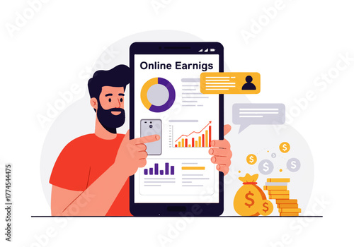 Man pointing at a smartphone displaying online earnings charts, graphs, and a profile, with money bag and coins beside it.