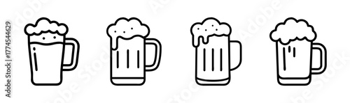 Set of four frothy beer mugs with handles iconography beverage refreshment symbol