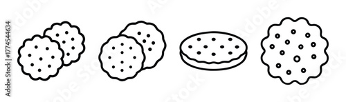 Line art icons set of four round biscuits cookies with dark dots