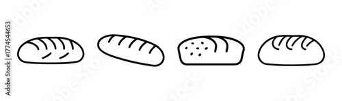 Simple outline drawings of four loaves of bread in different orientations and styles