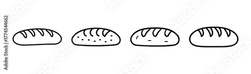 Line art drawing of four loaves of bread with scoring marks on