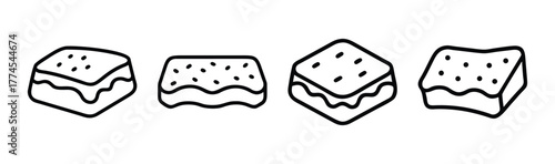 Four hand-drawn chocolate brownies with chocolate chips and fudge frosting