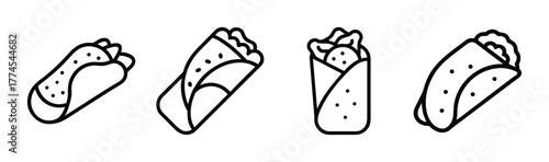Four simple line art drawings of delicious burritos showing different angles and fills