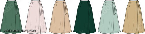 A selection of elegant, flowing skirts in various muted earth tones, perfect for versatile styling options